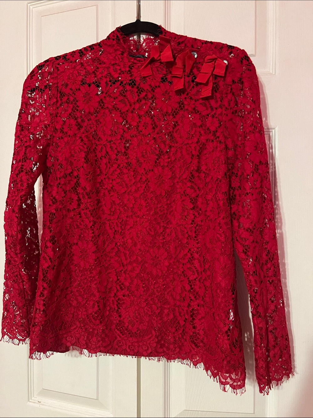 J. Crew Red Lace Long-Sleeve Bow Detail Top    Size 6